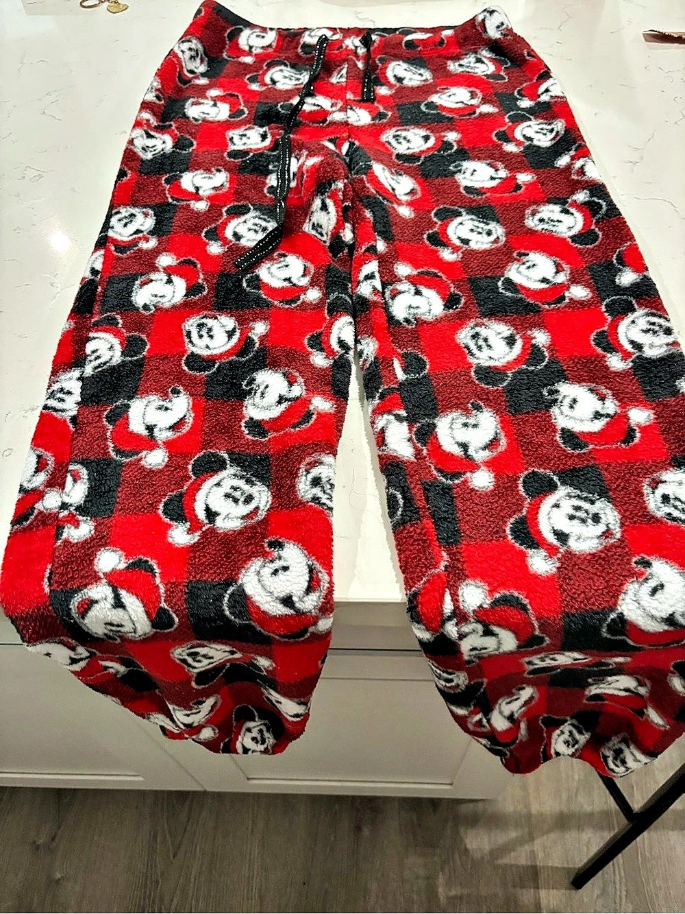Disney Mickey Mouse Red Black Buffalo Plaid Santa Hat Fleece Pajama Pants Plaid